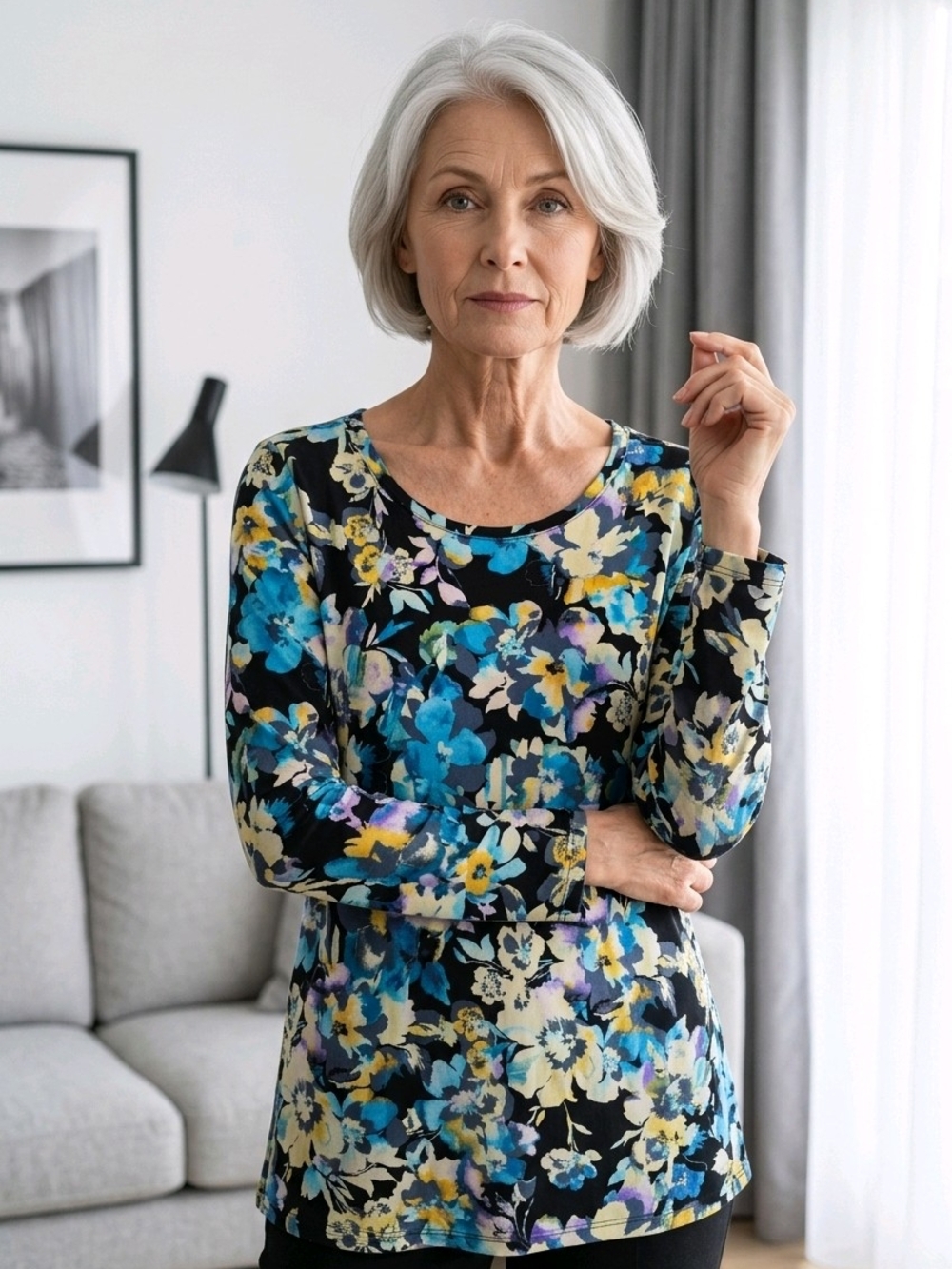 Chico's Floral Long Sleeve Top - Black, Blue & Yellow